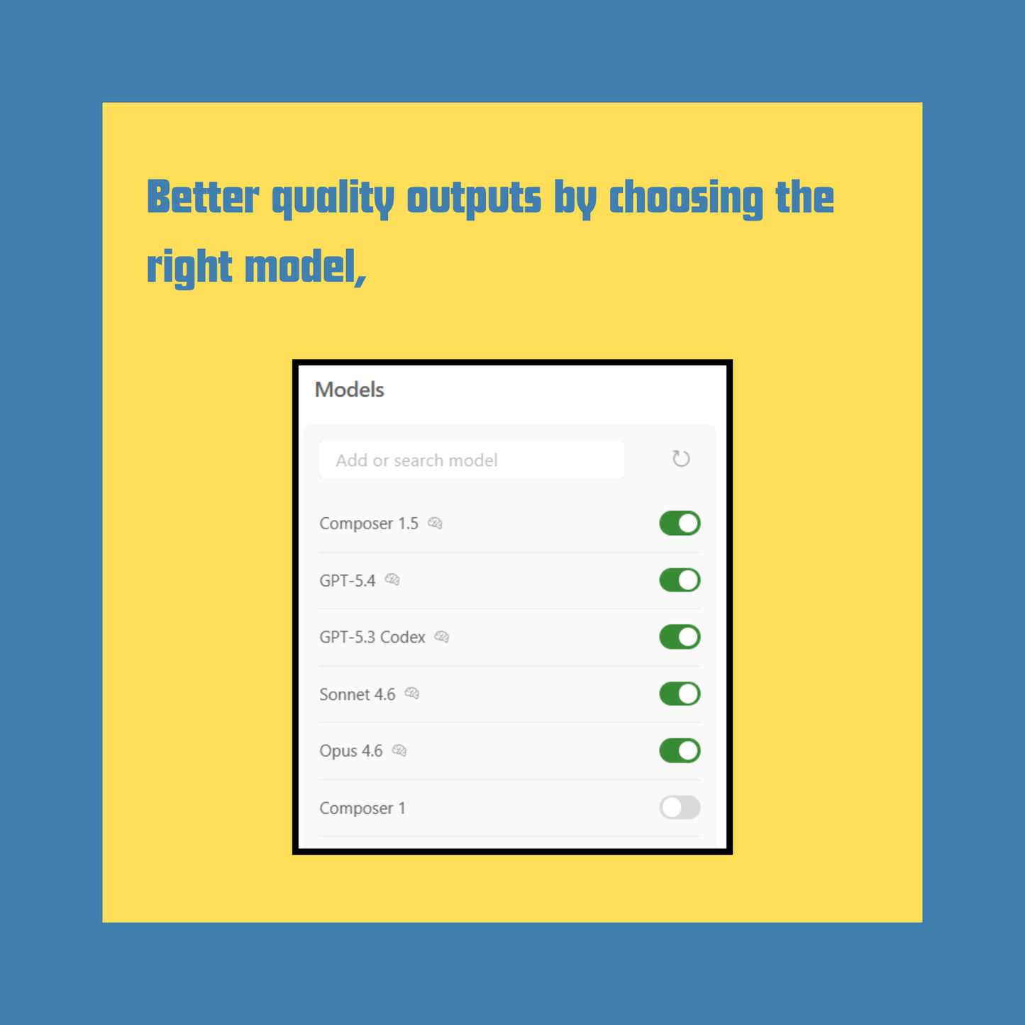 Model selection interface with text on a yellow and blue background