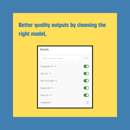 Model selection interface with text on a yellow and blue background