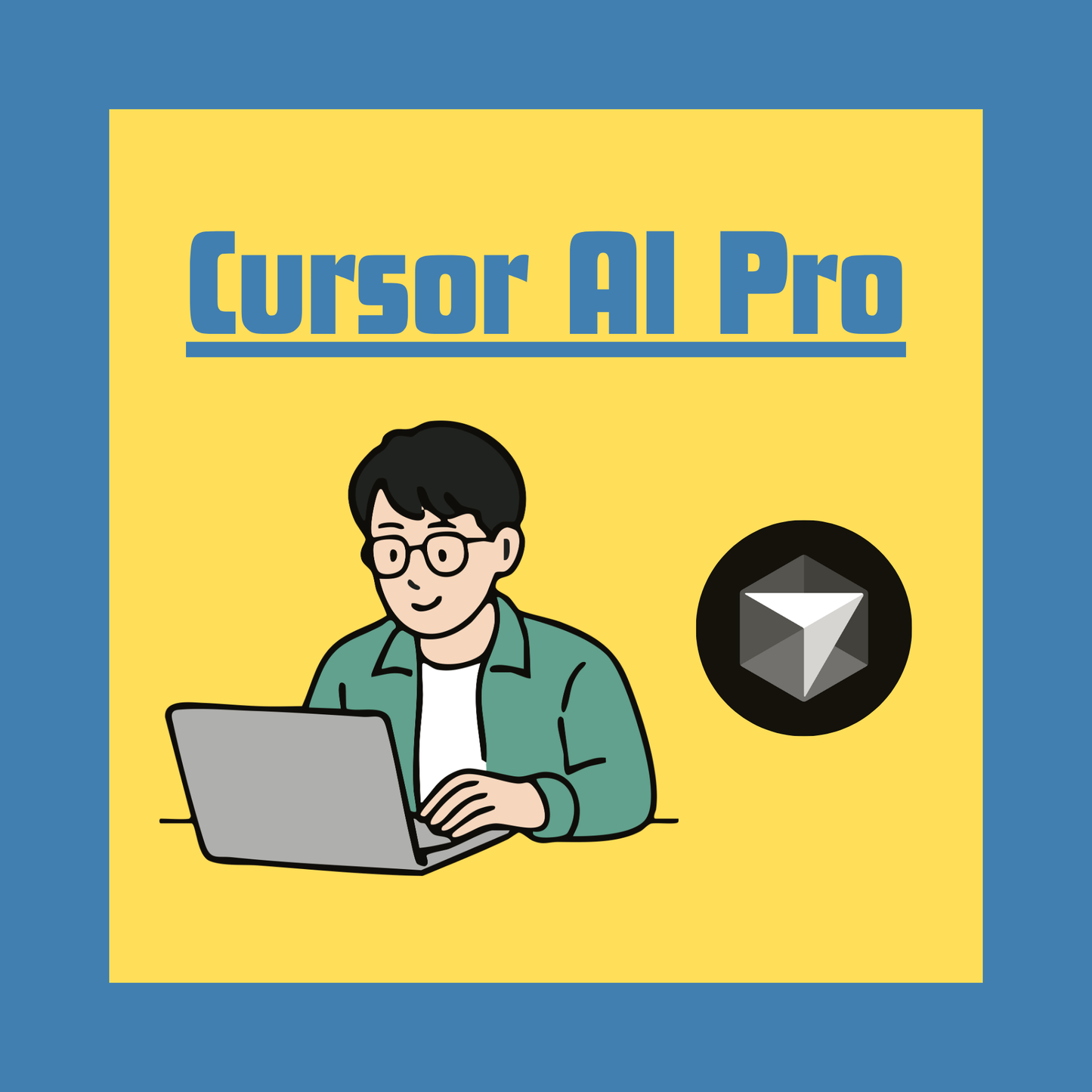 Poster with 'Cursor AI Pro' text, a person using a laptop, and a logo on a yellow and blue background.