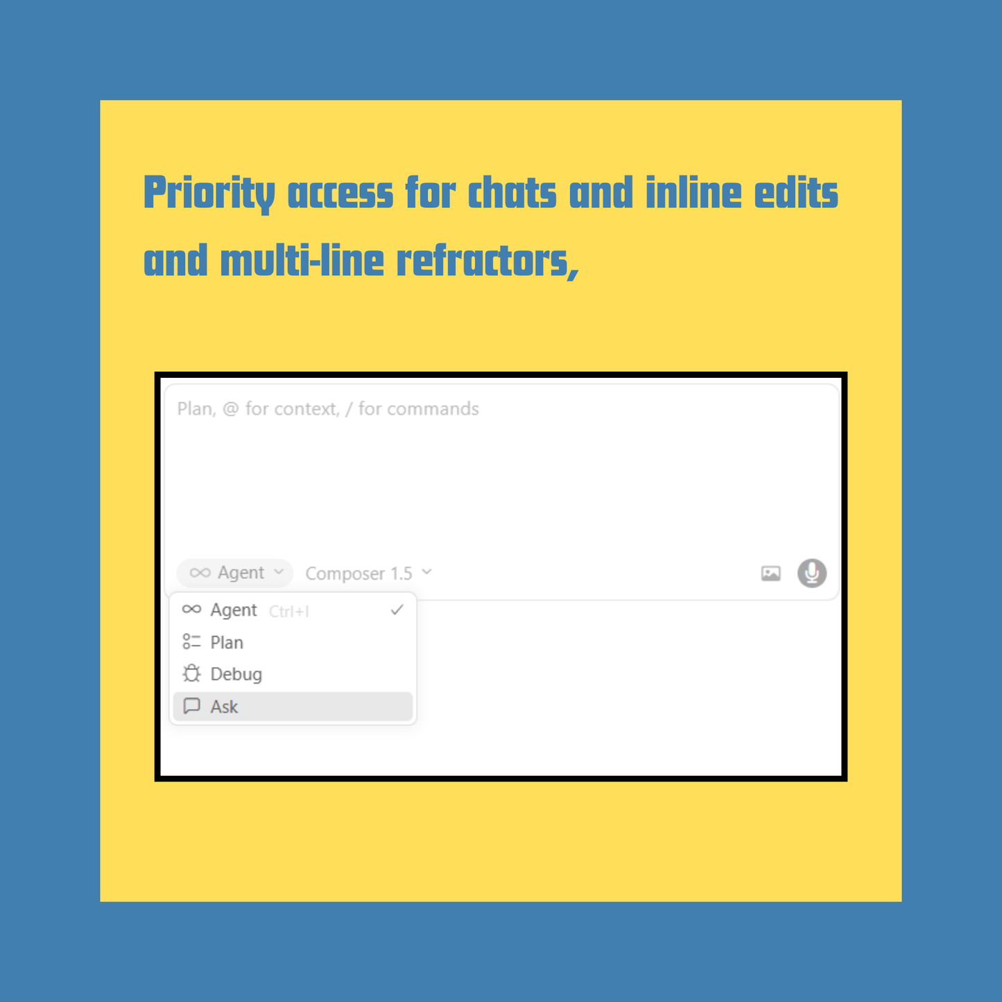 Software interface with text about priority access for chats and inline edits on a yellow and blue background